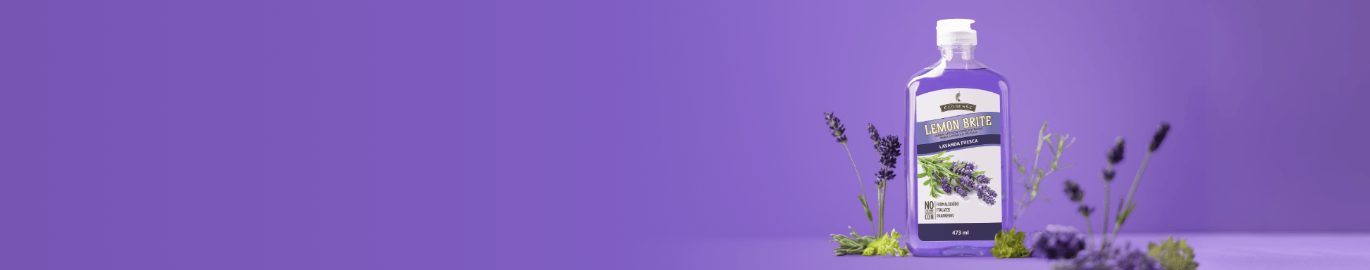 Jabón líquido Lemon Brite para lavar la vajilla con fragancia de lavanda, en una botella transparente con líquido morado y tapa blanca. El envase está sobre un fondo lila y rodeado de flores de lavanda y hojas verdes.