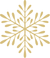 A symmetrical golden snowflake with branching, leaf-like arms radiates against a black background, creating an elegant, delicate winter motif.
