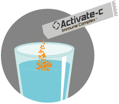 Illustration of a packet of Activate-C above a glass of water