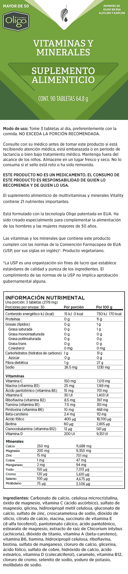 Multivitamínico con minerales Vitality para mayores de 50