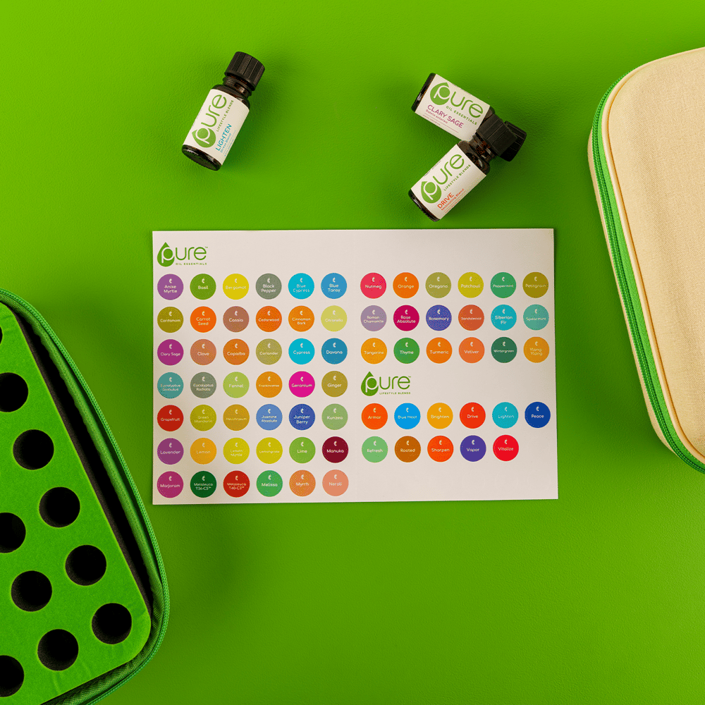 Estuche y etiquetas adhesivas para los aceites PURE