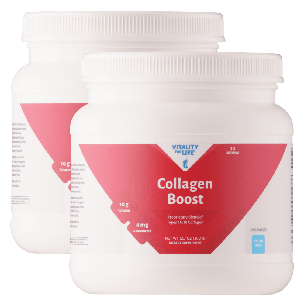 Dos botes de bebida Collagen Boost