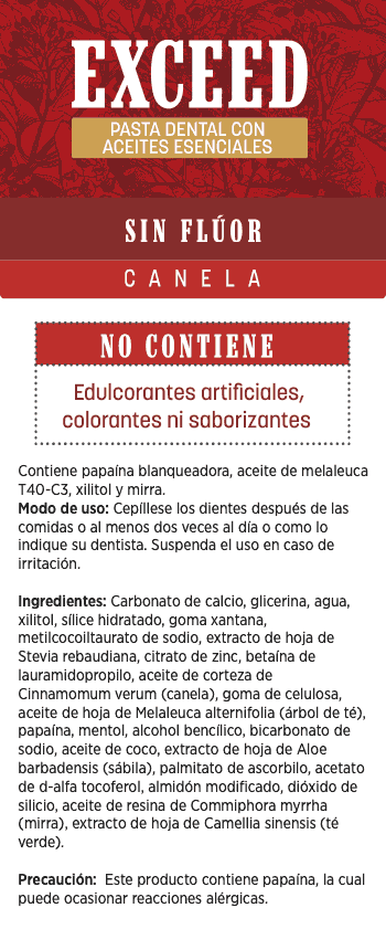 Pasta dental Exceed sin flúor y con aceites esenciales: Canela