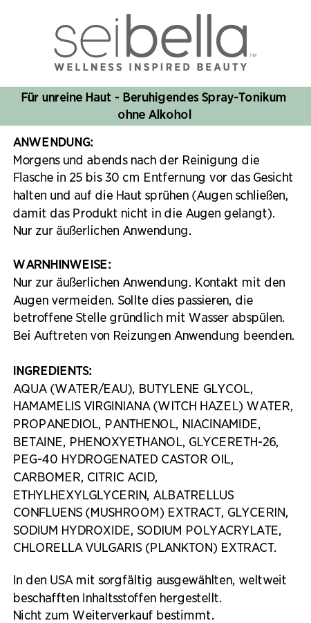 Sei Bella® Clarity Clear Skin Solutions Beruhigendes Spray-Tonikum ohne Alkohol