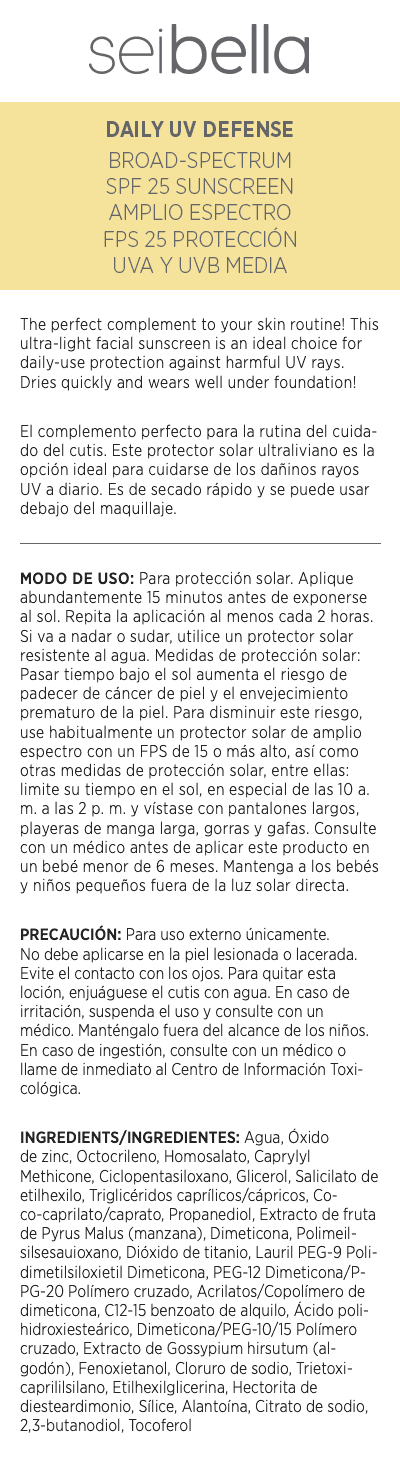 Protector solar diario contra los rayos UV de amplio espectro FPS 25 de Sei Bella
