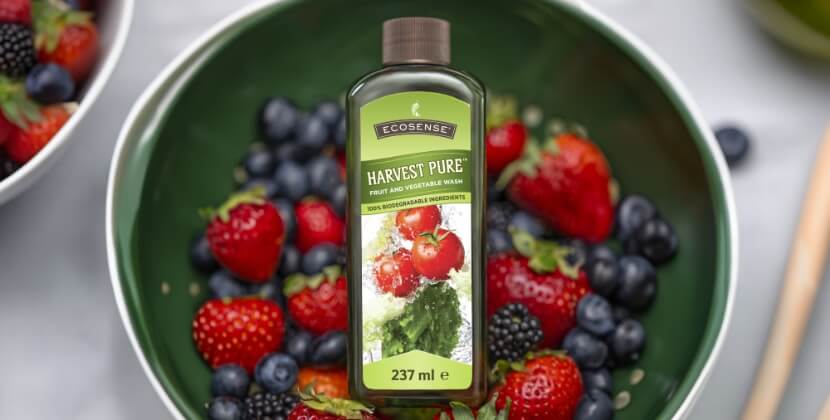 Overhead shot of a bowl of mixed berries with a bottle of Harvest Pure on top
