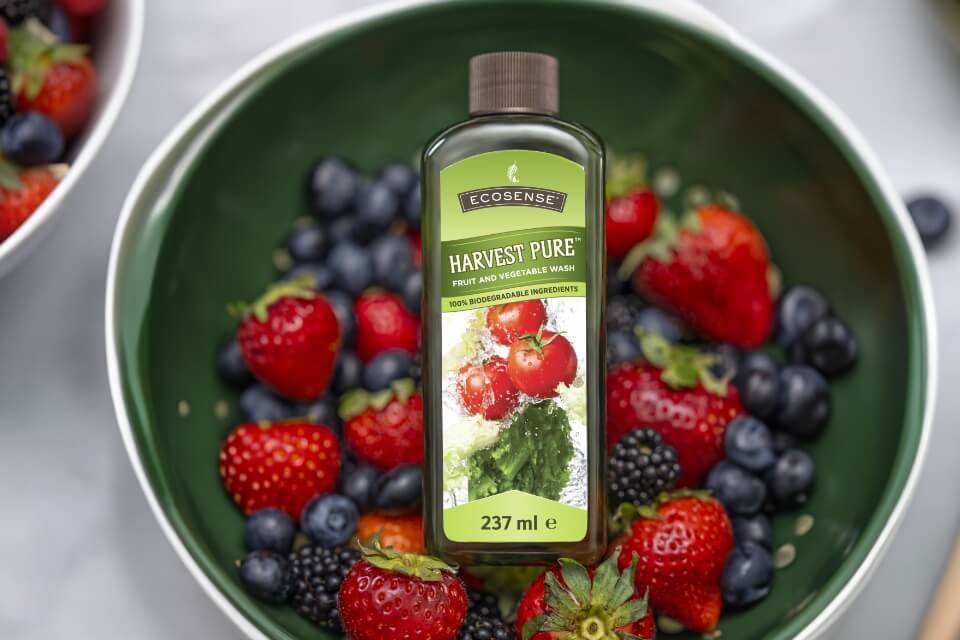 Overhead shot of a bowl of mixed berries with a bottle of Harvest Pure on top