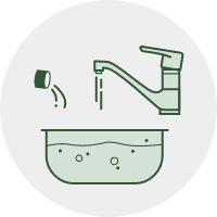 Illustration of a faucet filling a bowl with water and a capful of Harvest Pure.