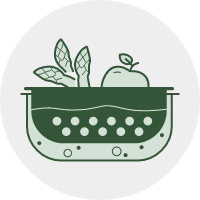 Illustration of fruits in vegetables soaking in Harvest Pure