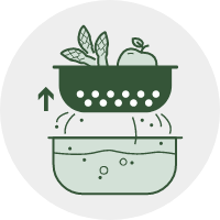 Illustration of fruits and vegetables in a strainer being lifted out of the bowl of Harvest Pure.