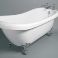 a white clawfoot bathtub with silver hardware on a grey background