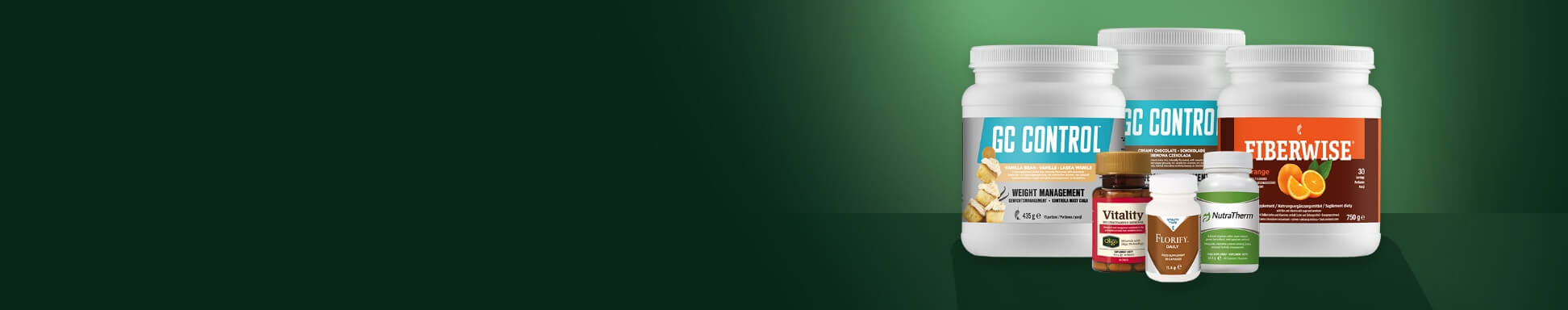 R3 Complete Bundle: GC Control, Fiberwise, NutraTherm, Florify, and Vitality Multivitamin and Mineral against a gradient green background.