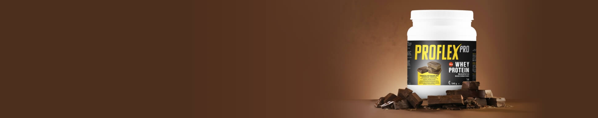 Proflex Pro whey protein supplement tub beside scattered chocolate pieces on a warm brown background, creating a rich, energetic mood.