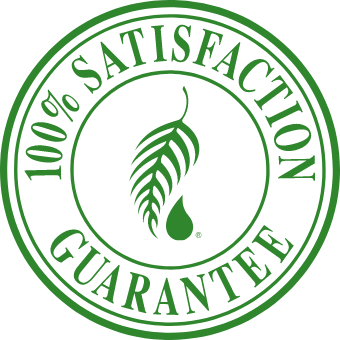 100% satisfaction guarantee with the Melaleuca Leaf and Drop logo