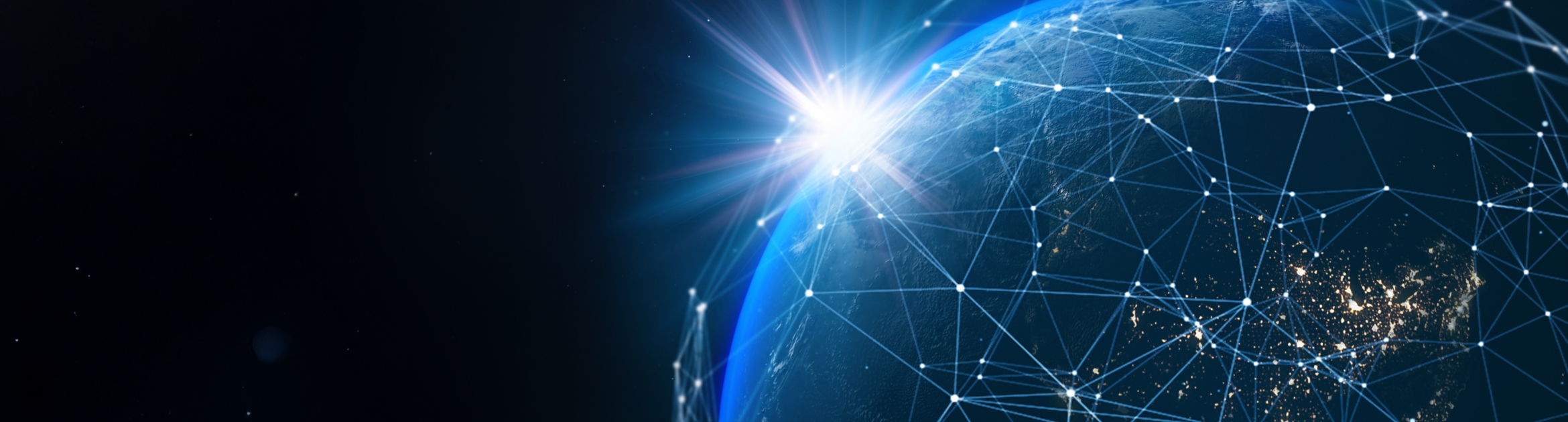 blue banner with a line art globe