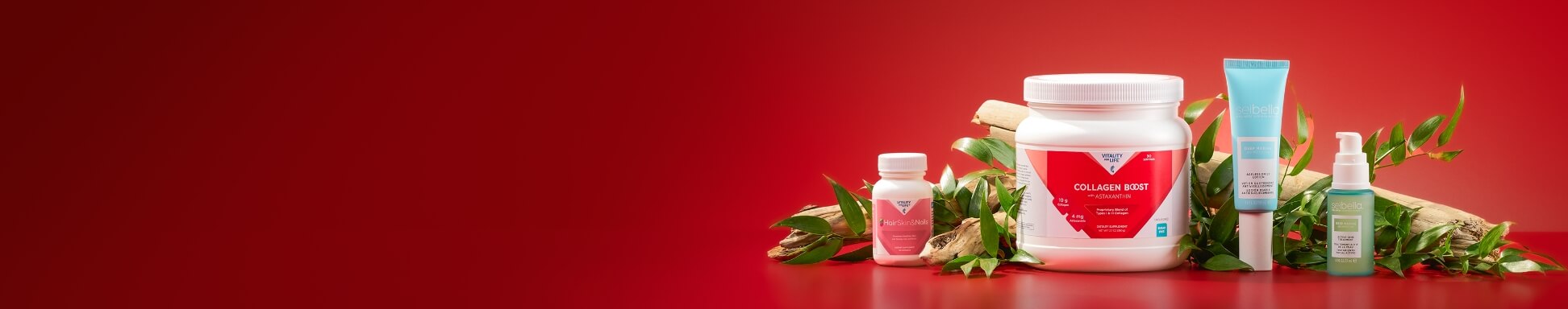 Shop Age Defense Collagen Bundle products lined up in front of leaves and wood on a red backdrop