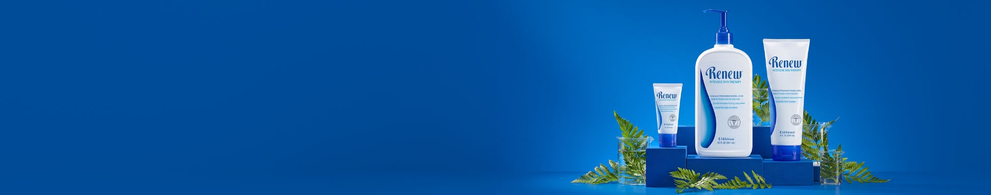 Three Renew lotion bottles displayed on blue steps, surrounded by green fern leaves, set against a bright blue background.