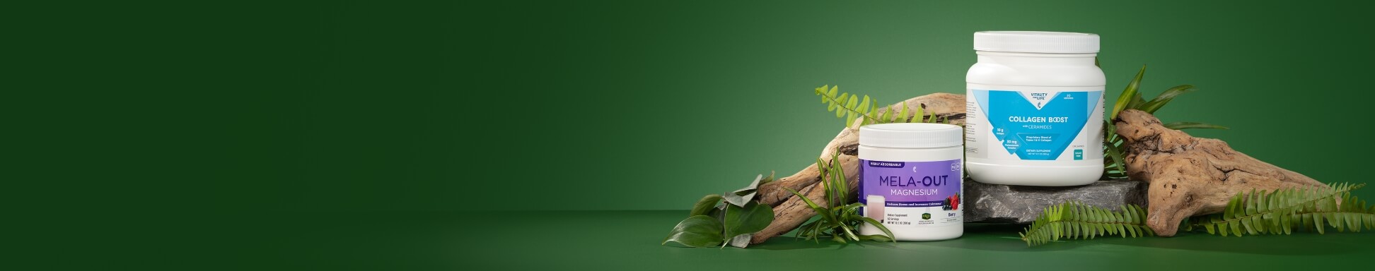 mela-out and collagen boost surrounded with plants and driftwood against a green background