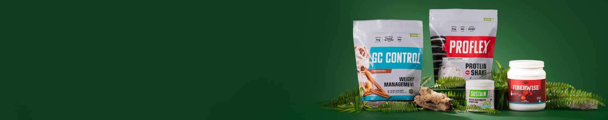 GC Control Weight Management Shake, Proflex Protein Shake, FiberWise Drink, and Sustain Active Hydration products displayed on a green background.