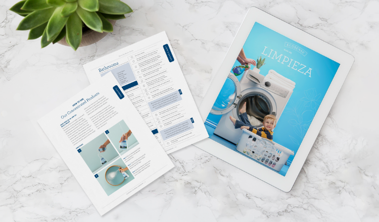 EcoSense Cleaning Handbook on counter top with a plant in the top left corner.