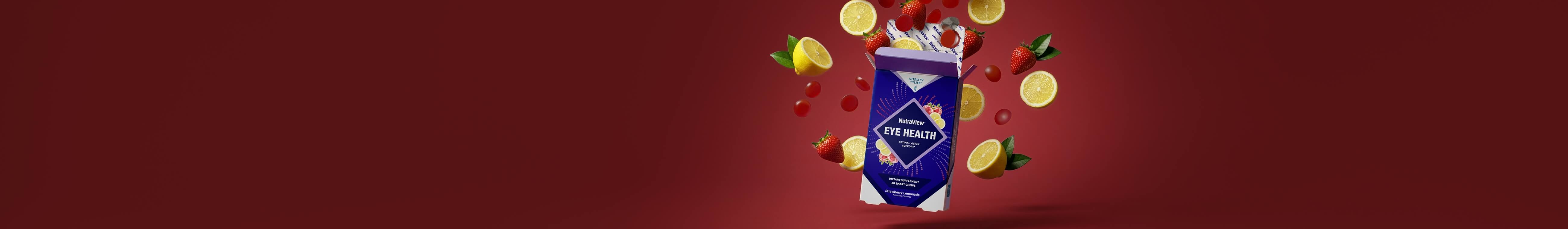 NutraView Gummy Supplements surrounded by fruits in a deep red background