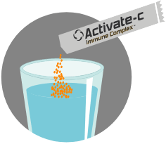 Illustration of a packet of Activate-C above a glass of water
